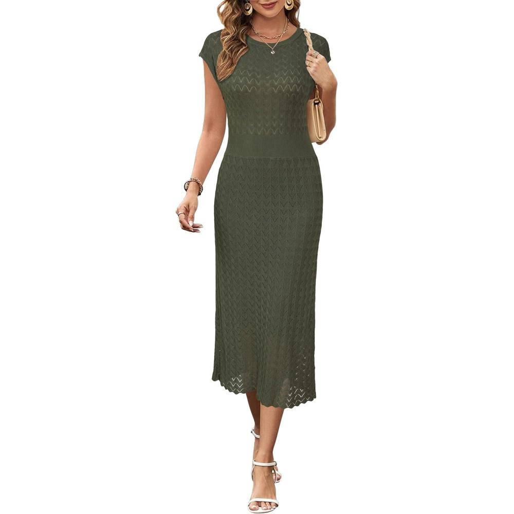 imageNewshows Women Summer Sweater Dresses 2025 Church Midi Cap Sleeve Hollow Knit Modest Business Casual OutfitsArmy Green