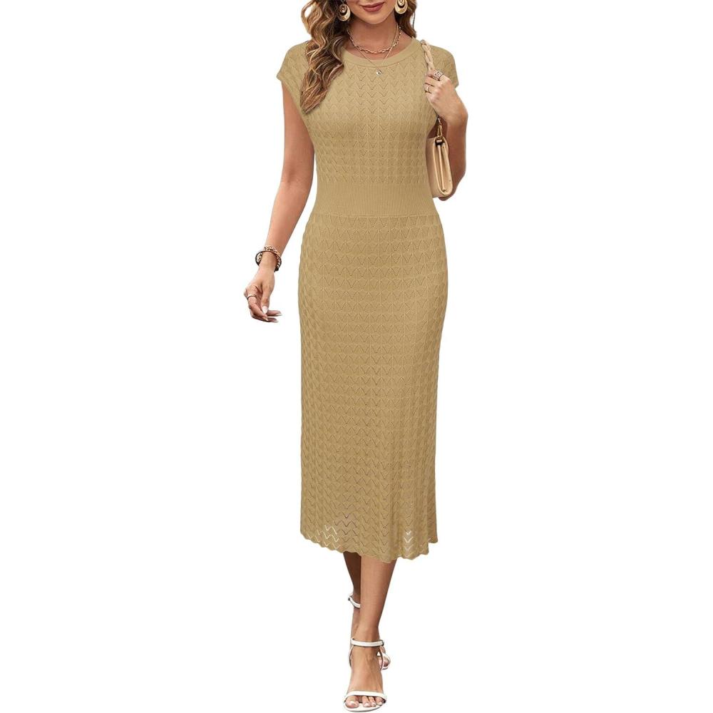 imageNewshows Women Summer Sweater Dresses 2025 Church Midi Cap Sleeve Hollow Knit Modest Business Casual OutfitsCamel