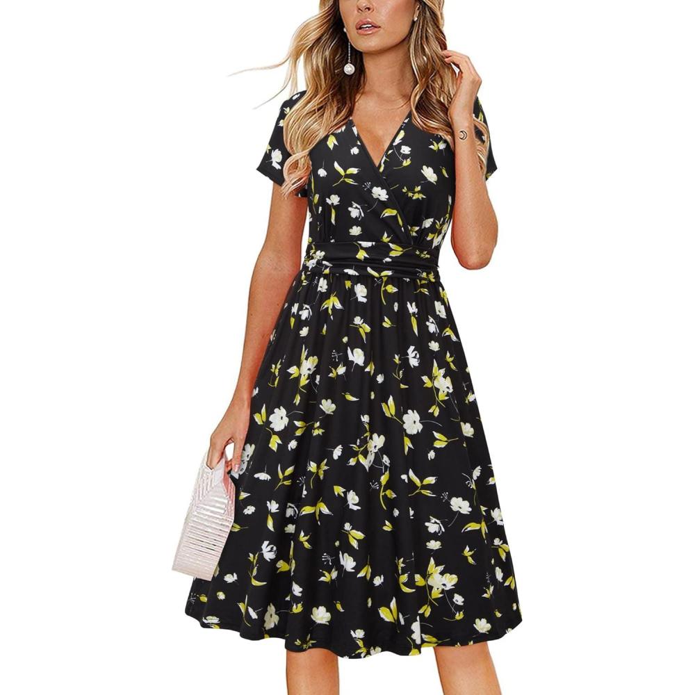 imageNewshows Womens Summer Short Sleeve Casual Dresses V Neck Floral Vacation Sundress Faux Wrap Midi Dress with PocketsBlack Floral White