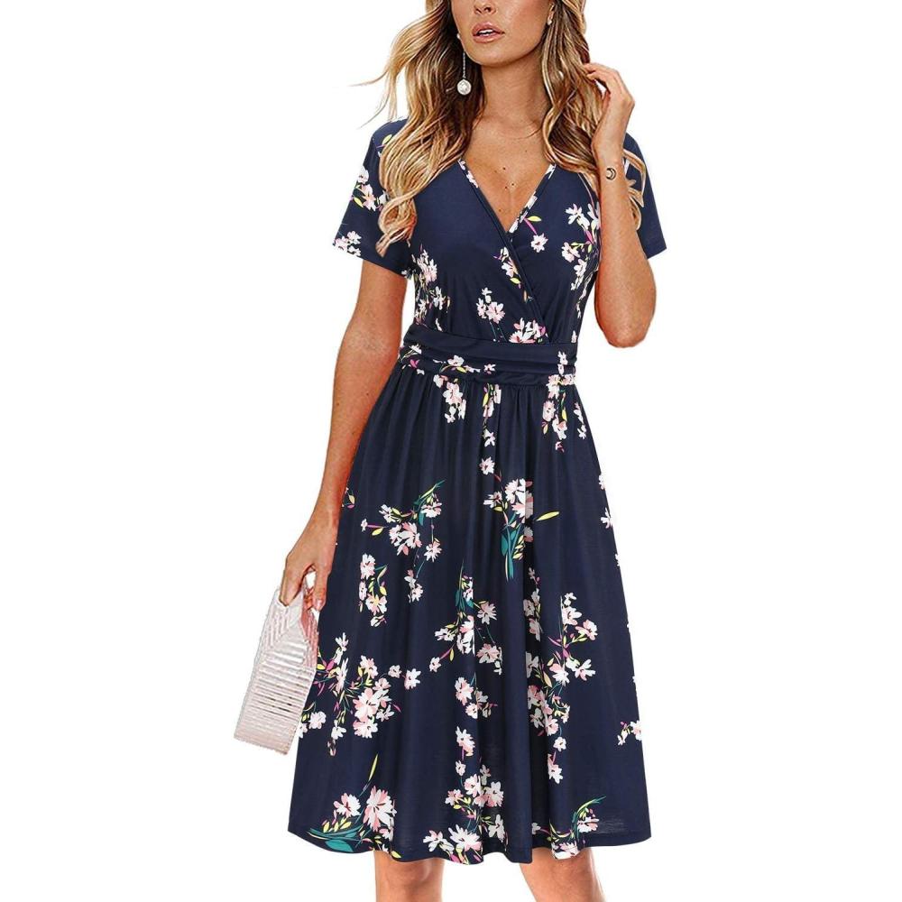 imageNewshows Womens Summer Short Sleeve Casual Dresses V Neck Floral Vacation Sundress Faux Wrap Midi Dress with PocketsFloral 13