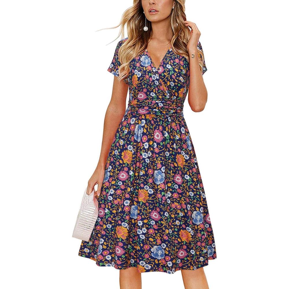 imageNewshows Womens Summer Short Sleeve Casual Dresses V Neck Floral Vacation Sundress Faux Wrap Midi Dress with PocketsFloral 23