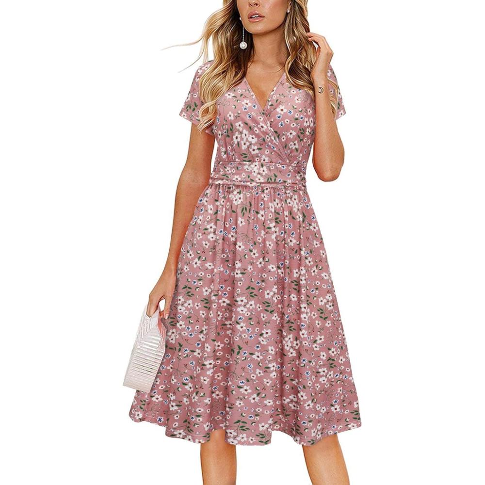 imageNewshows Womens Summer Short Sleeve Casual Dresses V Neck Floral Vacation Sundress Faux Wrap Midi Dress with PocketsFloral 35