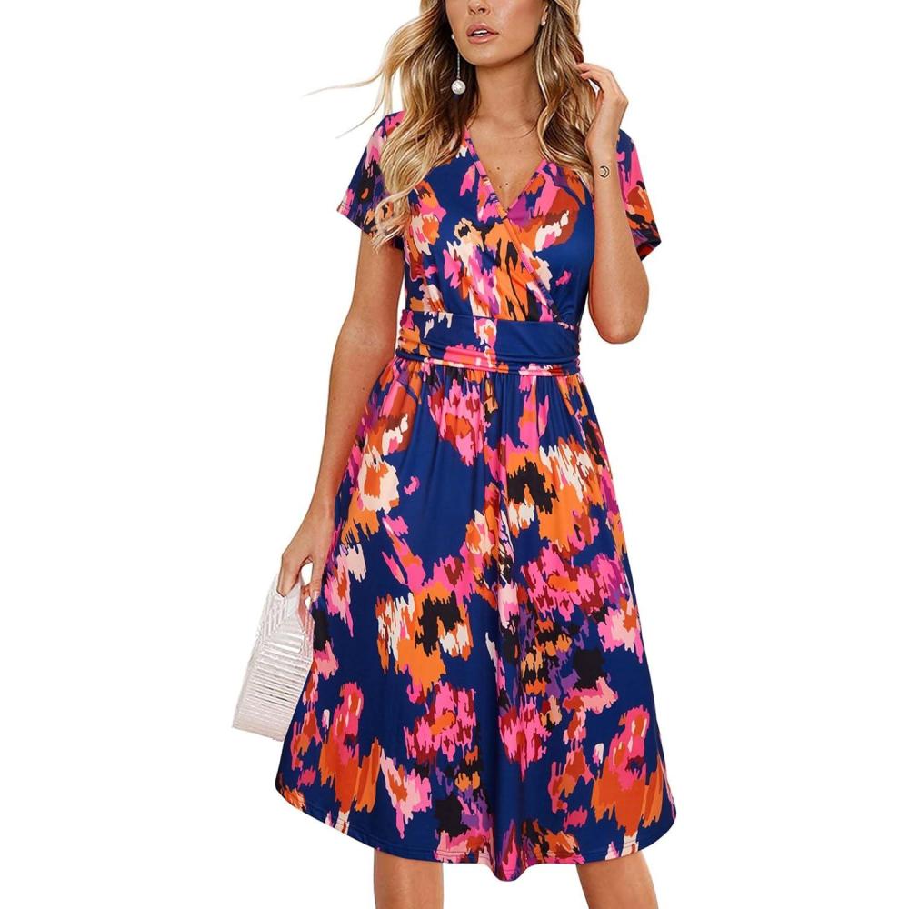 imageNewshows Womens Summer Short Sleeve Casual Dresses V Neck Floral Vacation Sundress Faux Wrap Midi Dress with PocketsFloral 46