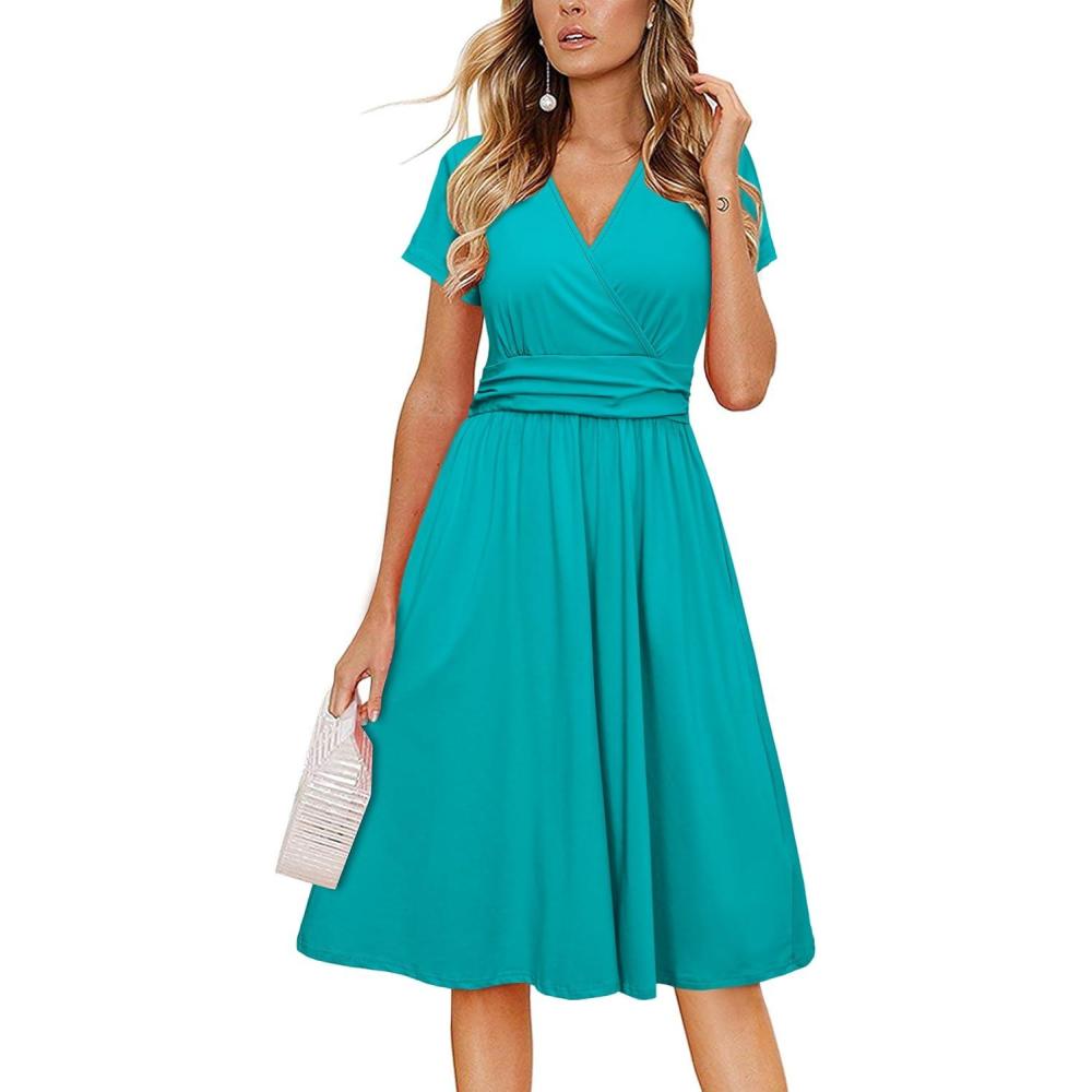 imageNewshows Womens Summer Short Sleeve Casual Dresses V Neck Floral Vacation Sundress Faux Wrap Midi Dress with PocketsLake Green