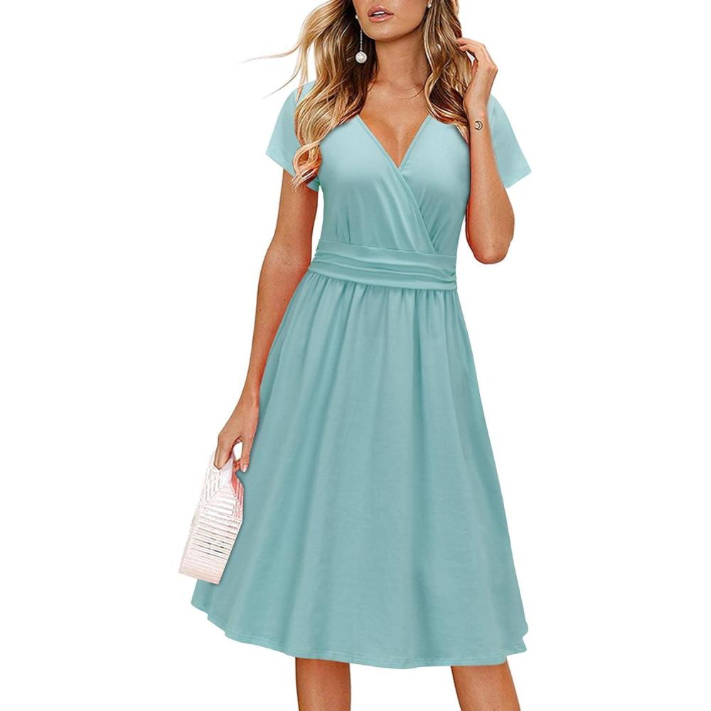 imageNewshows Womens Summer Short Sleeve Casual Dresses V Neck Floral Vacation Sundress Faux Wrap Midi Dress with PocketsLight Green