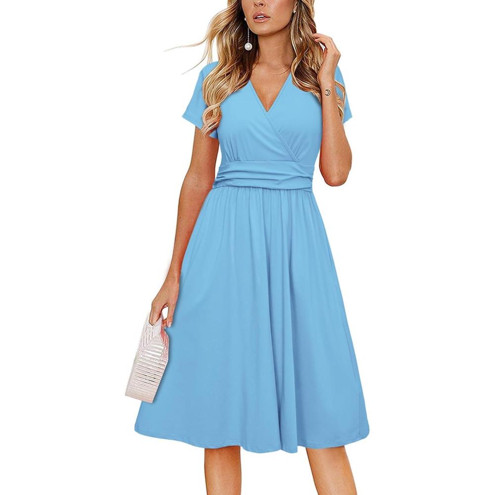 imageNewshows Womens Summer Short Sleeve Casual Dresses V Neck Floral Vacation Sundress Faux Wrap Midi Dress with PocketsLight Sky Blue