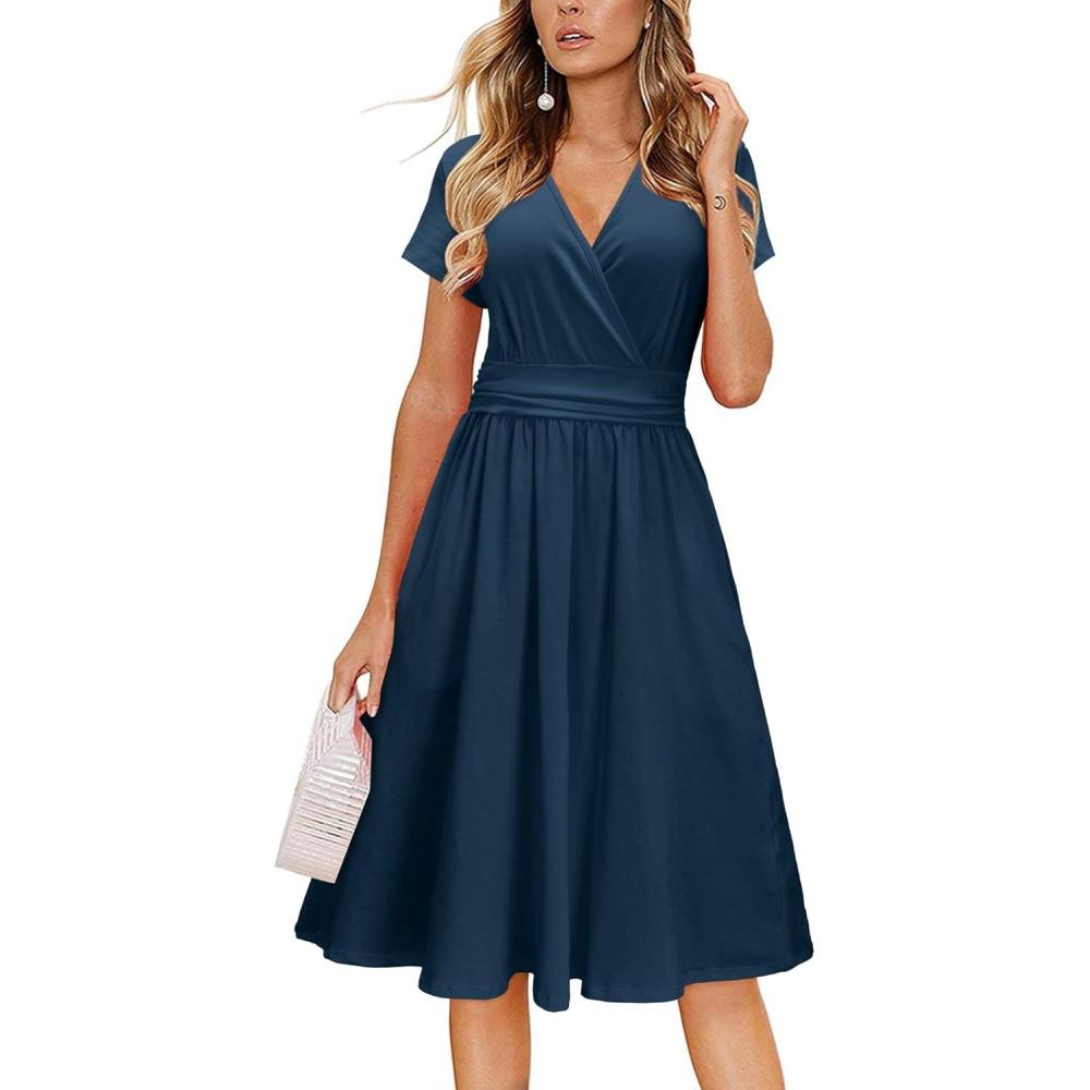 imageNewshows Womens Summer Short Sleeve Casual Dresses V Neck Floral Vacation Sundress Faux Wrap Midi Dress with PocketsNavy