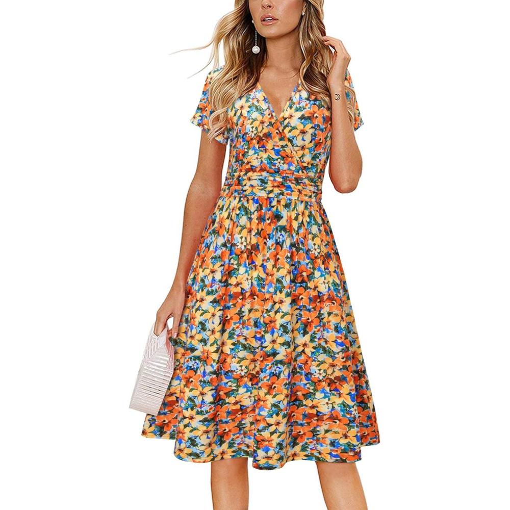 imageNewshows Womens Summer Short Sleeve Casual Dresses V Neck Floral Vacation Sundress Faux Wrap Midi Dress with PocketsOrange Floral Yellow