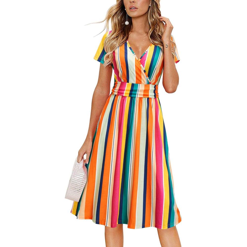 imageNewshows Womens Summer Short Sleeve Casual Dresses V Neck Floral Vacation Sundress Faux Wrap Midi Dress with PocketsStripe Floral Red