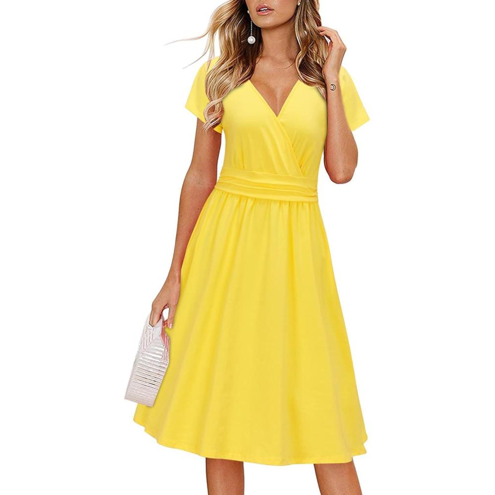 imageNewshows Womens Summer Short Sleeve Casual Dresses V Neck Floral Vacation Sundress Faux Wrap Midi Dress with PocketsYellow