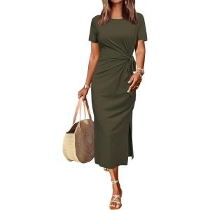 Newshows Women 2025 Summer Casual Dress Tie Waist T Shirt Short Sleeve Beach Crew Neck Slit Maxi Trendy(Army Green)