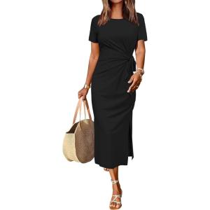 Newshows Women 2025 Summer Casual Dress Tie Waist T Shirt Short Sleeve Beach Crew Neck Slit Maxi Trendy(Black)