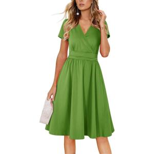 Newshows Womens Summer Short Sleeve Casual Dresses V Neck Floral Vacation Sundress Faux Wrap Midi Dress with Pockets(Army Green)