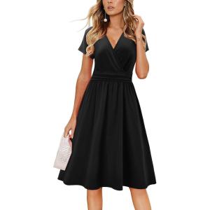 Newshows Womens Summer Short Sleeve Casual Dresses V Neck Floral Vacation Sundress Faux Wrap Midi Dress with Pockets(Black)