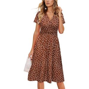 Newshows Womens Summer Short Sleeve Casual Dresses V Neck Floral Vacation Sundress Faux Wrap Midi Dress with Pockets(Brown White Polka Dots)