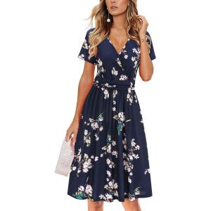 Newshows Womens Summer Short Sleeve Casual Dresses V Neck Floral Vacation Sundress Faux Wrap Midi Dress with Pockets(Floral 13)