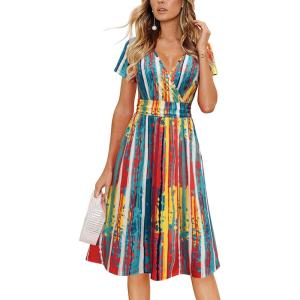 Newshows Womens Summer Short Sleeve Casual Dresses V Neck Floral Vacation Sundress Faux Wrap Midi Dress with Pockets(Floral 14)