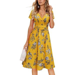 Newshows Womens Summer Short Sleeve Casual Dresses V Neck Floral Vacation Sundress Faux Wrap Midi Dress with Pockets(Floral 15)