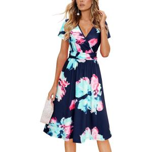 Newshows Womens Summer Short Sleeve Casual Dresses V Neck Floral Vacation Sundress Faux Wrap Midi Dress with Pockets(Floral 17)