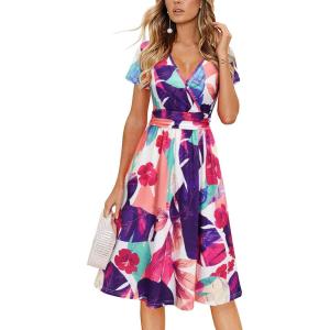 Newshows Womens Summer Short Sleeve Casual Dresses V Neck Floral Vacation Sundress Faux Wrap Midi Dress with Pockets(Floral 21)