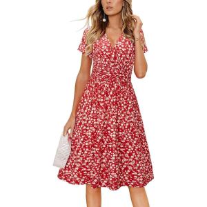 Newshows Womens Summer Short Sleeve Casual Dresses V Neck Floral Vacation Sundress Faux Wrap Midi Dress with Pockets(Floral 30)