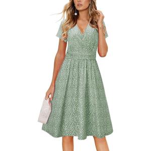 Newshows Womens Summer Short Sleeve Casual Dresses V Neck Floral Vacation Sundress Faux Wrap Midi Dress with Pockets(Floral 31)