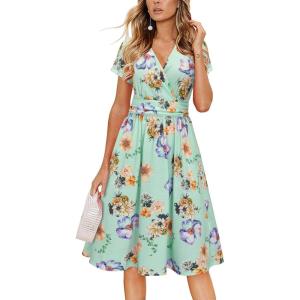 Newshows Womens Summer Short Sleeve Casual Dresses V Neck Floral Vacation Sundress Faux Wrap Midi Dress with Pockets(Floral 34)