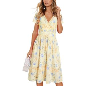 Newshows Womens Summer Short Sleeve Casual Dresses V Neck Floral Vacation Sundress Faux Wrap Midi Dress with Pockets(Floral 37)