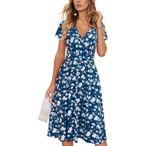 Newshows Womens Summer Short Sleeve Casual Dresses V Neck Floral Vacation Sundress Faux Wrap Midi Dress with Pockets(Floral 38)