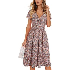 Newshows Womens Summer Short Sleeve Casual Dresses V Neck Floral Vacation Sundress Faux Wrap Midi Dress with Pockets(Floral 39)