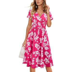 Newshows Womens Summer Short Sleeve Casual Dresses V Neck Floral Vacation Sundress Faux Wrap Midi Dress with Pockets(Floral 42)