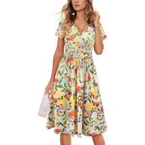 Newshows Womens Summer Short Sleeve Casual Dresses V Neck Floral Vacation Sundress Faux Wrap Midi Dress with Pockets(Floral 43)