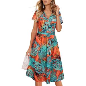 Newshows Womens Summer Short Sleeve Casual Dresses V Neck Floral Vacation Sundress Faux Wrap Midi Dress with Pockets(Floral 45)