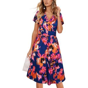Newshows Womens Summer Short Sleeve Casual Dresses V Neck Floral Vacation Sundress Faux Wrap Midi Dress with Pockets(Floral 46)
