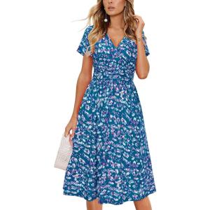 Newshows Womens Summer Short Sleeve Casual Dresses V Neck Floral Vacation Sundress Faux Wrap Midi Dress with Pockets(Floral 48)