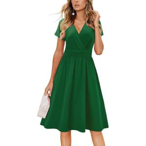 Newshows Womens Summer Short Sleeve Casual Dresses V Neck Floral Vacation Sundress Faux Wrap Midi Dress with Pockets(Green)