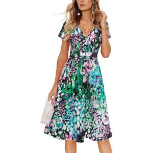 Newshows Womens Summer Short Sleeve Casual Dresses V Neck Floral Vacation Sundress Faux Wrap Midi Dress with Pockets(Green Floral Purple)