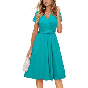 Newshows Womens Summer Short Sleeve Casual Dresses V Neck Floral Vacation Sundress Faux Wrap Midi Dress with Pockets(Lake Green)