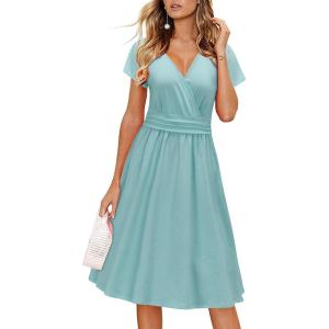 Newshows Womens Summer Short Sleeve Casual Dresses V Neck Floral Vacation Sundress Faux Wrap Midi Dress with Pockets(Light Green)