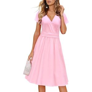 Newshows Womens Summer Short Sleeve Casual Dresses V Neck Floral Vacation Sundress Faux Wrap Midi Dress with Pockets(Light Pink)