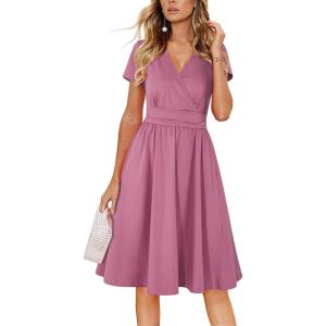 Newshows Womens Summer Short Sleeve Casual Dresses V Neck Floral Vacation Sundress Faux Wrap Midi Dress with Pockets(Mauve)