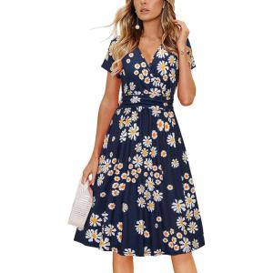 Newshows Womens Summer Short Sleeve Casual Dresses V Neck Floral Vacation Sundress Faux Wrap Midi Dress with Pockets(Navy Floral Yellow)