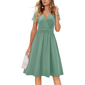 Newshows Womens Summer Short Sleeve Casual Dresses V Neck Floral Vacation Sundress Faux Wrap Midi Dress with Pockets(Olive Green)
