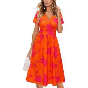 Newshows Womens Summer Short Sleeve Casual Dresses V Neck Floral Vacation Sundress Faux Wrap Midi Dress with Pockets(Orange Rose Floral)