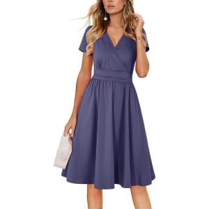 Newshows Womens Summer Short Sleeve Casual Dresses V Neck Floral Vacation Sundress Faux Wrap Midi Dress with Pockets(Purple Gray)