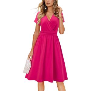 Newshows Womens Summer Short Sleeve Casual Dresses V Neck Floral Vacation Sundress Faux Wrap Midi Dress with Pockets(Rose)