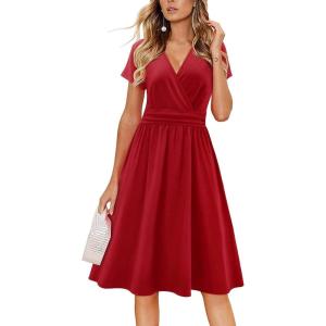 Newshows Womens Summer Short Sleeve Casual Dresses V Neck Floral Vacation Sundress Faux Wrap Midi Dress with Pockets(Wine Red)