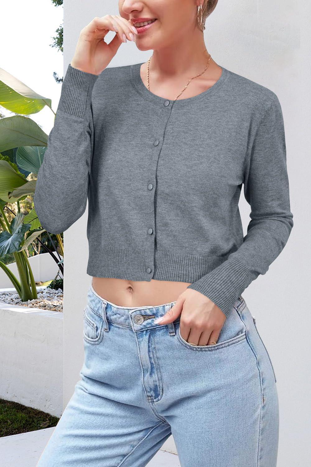imageNewshows Cropped Cardigan Sweaters for Women 2025 Crew Neck Button Down Open Front Knit Bolero ShrugsDark Gray
