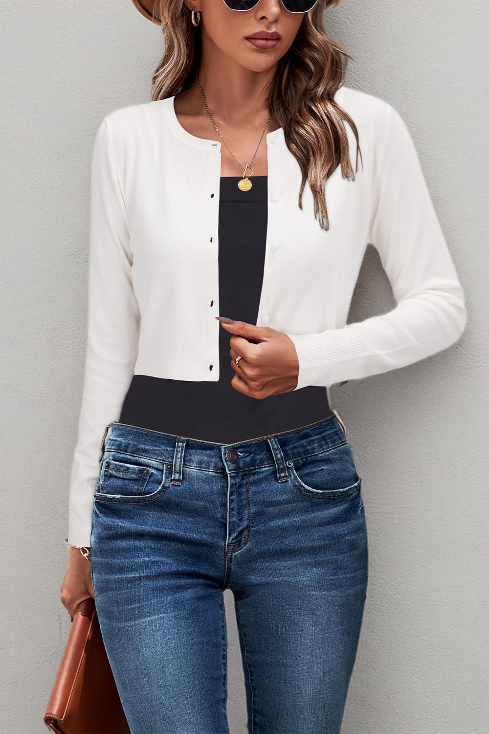 imageNewshows Cropped Cardigan Sweaters for Women 2025 Crew Neck Button Down Open Front Knit Bolero ShrugsOffwhite