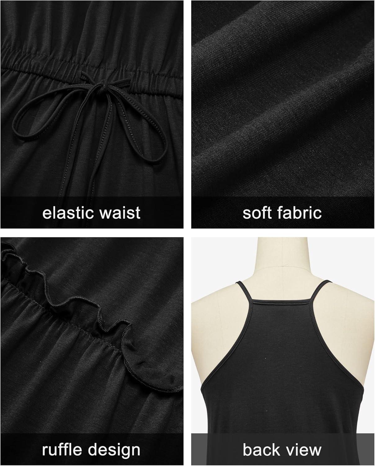 imageNewshows Womens 2025 Summer Dress Spaghetti Strap Casual Boho Beach Vacation Outfits Drawstring Ruffle Hem Sundress TrendyBlack